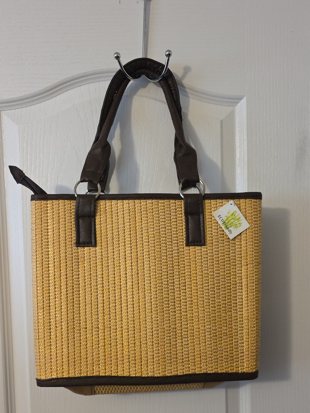 Woven Straw Tote Bag with Dark Brown Handles - Yellow